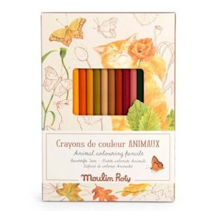 12 Crayons de couleur + cartes – Animaux – Moulin Roty